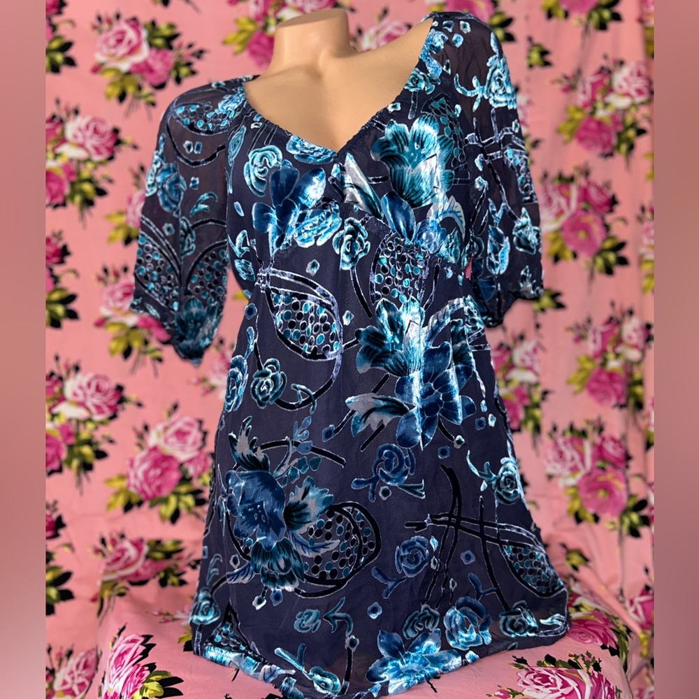 Hale bob peasant babydoll  shirt velvet rose floral Y2K vintage maternity top s